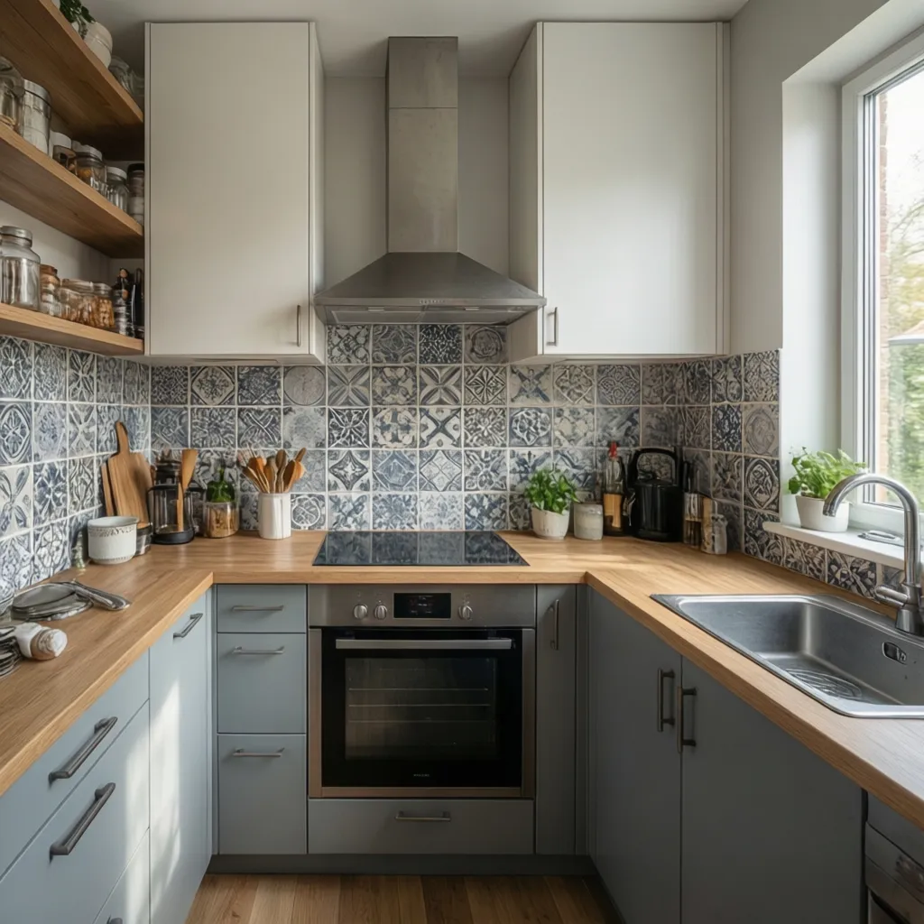 Small kitchen with blue patterned wall tiles wooden countertop grey cabinets silver sink and oven