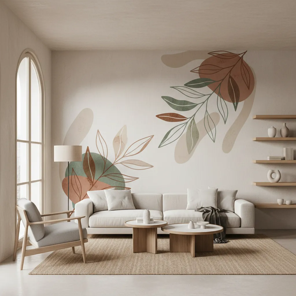 Modern living room with botanical murals white sofa wooden chair coffee tables and jute rug