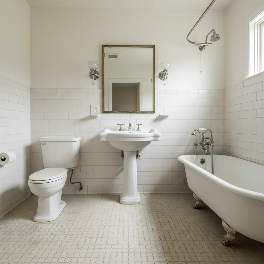 Vintage 1920s bathroom with worn hex tile floor before restoration