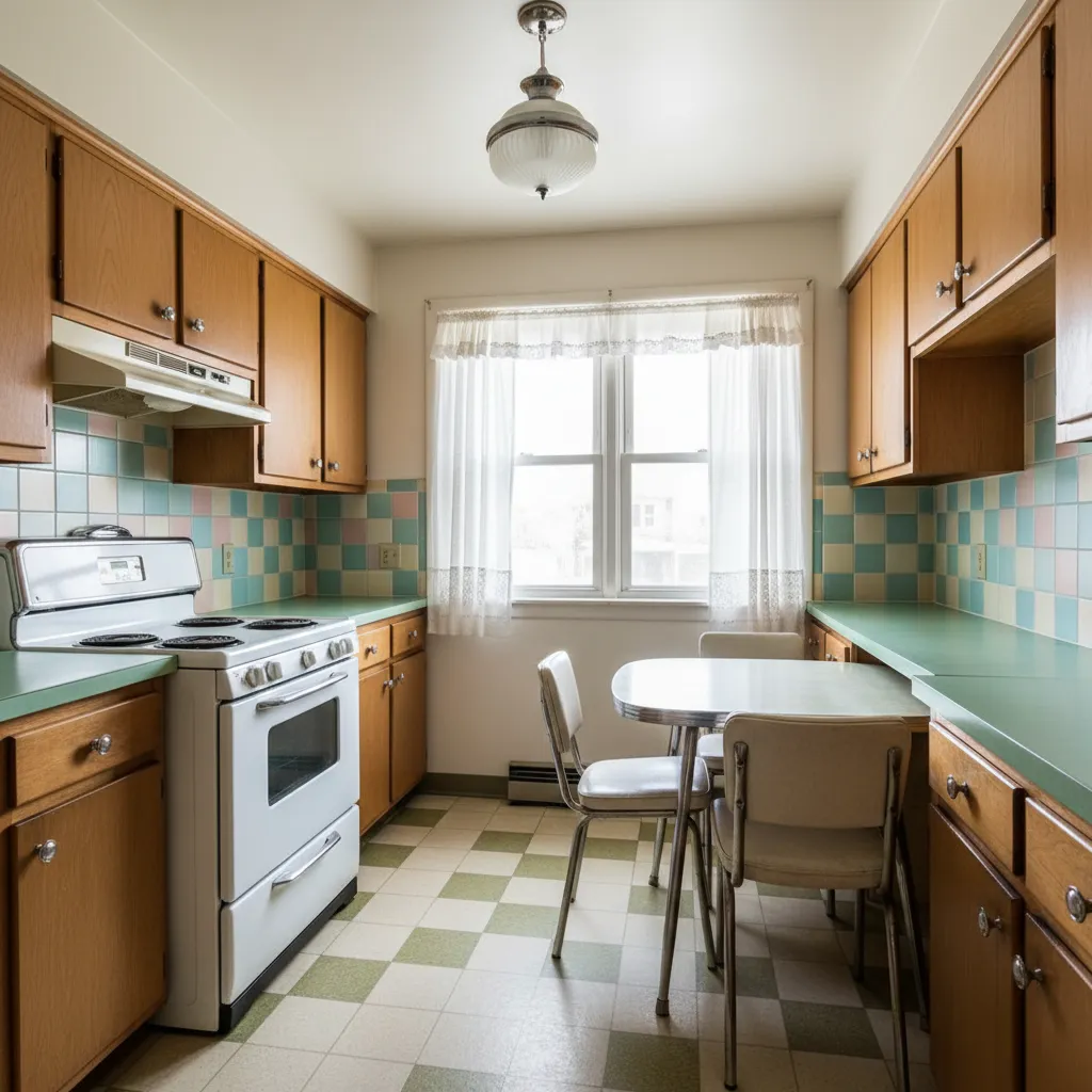 Original 1950s kitchen with vintage cabinets and retro tile