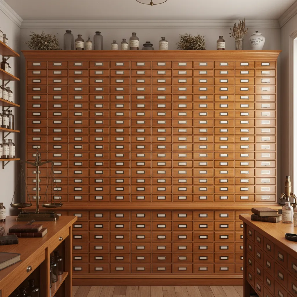 Antique apothecary cabinet with many small labeled drawers and brass label holder pulls