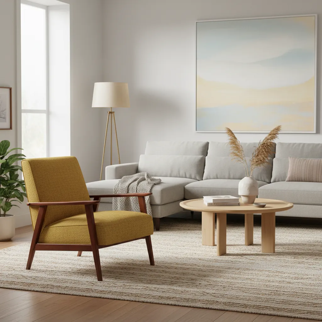 Modern living room with a yellow armchair, grey sofa, round wooden table, and large painting