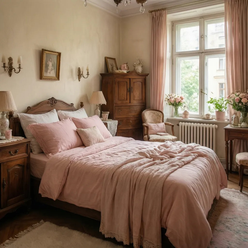 Elegant vintage bedroom with pink bedding wooden furniture tall cabinet wall light and pink curtains