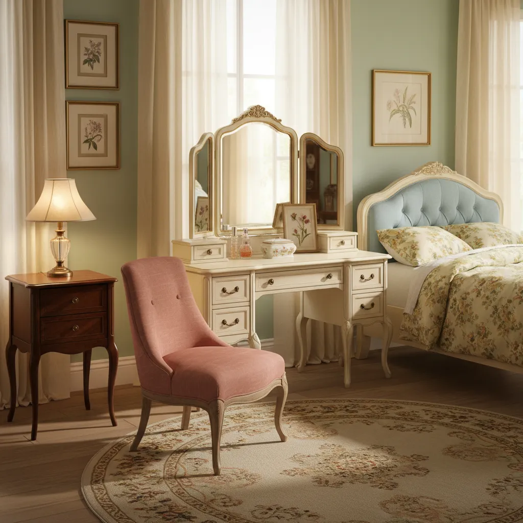 Vintage bedroom with a white vanity desk pink chair blue bed floral bedding and rug