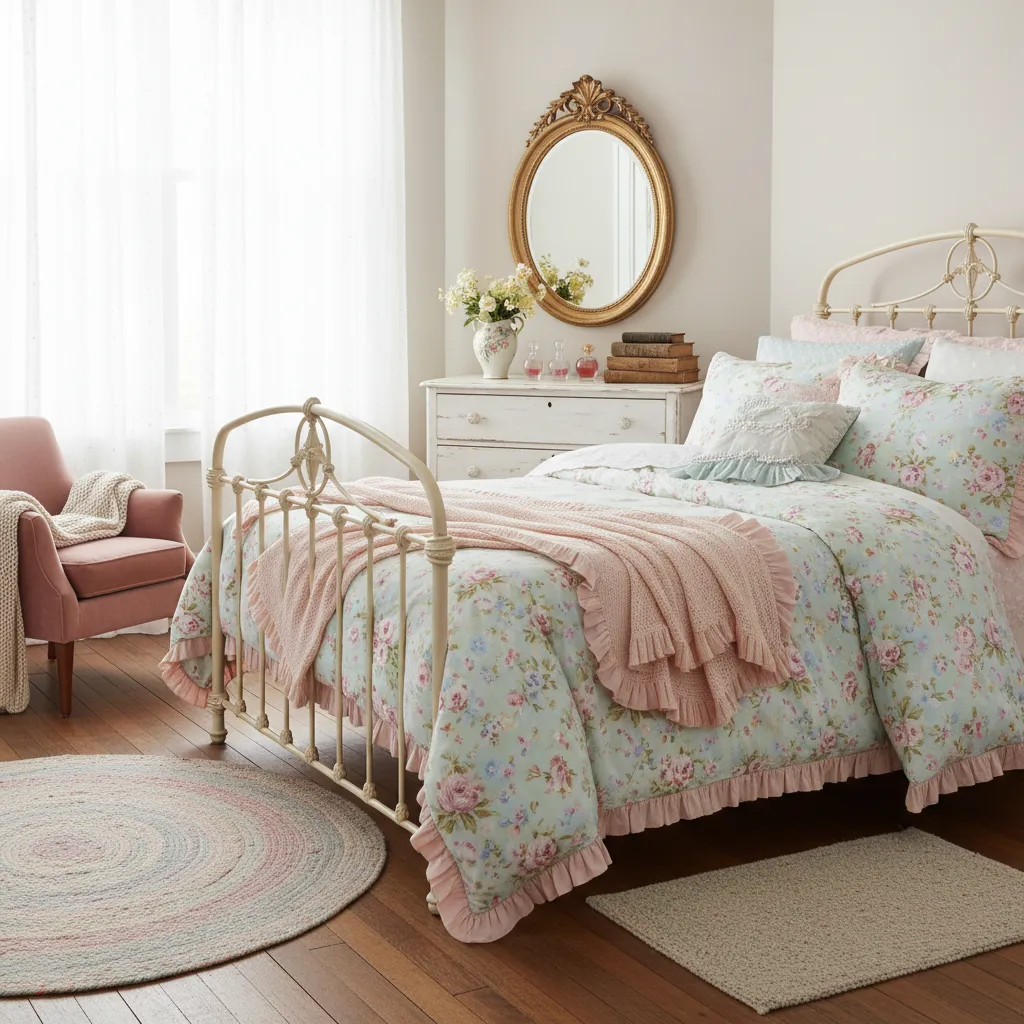 Dormitorio vintage femenino con cabecero de hierro y ropa de cama floral