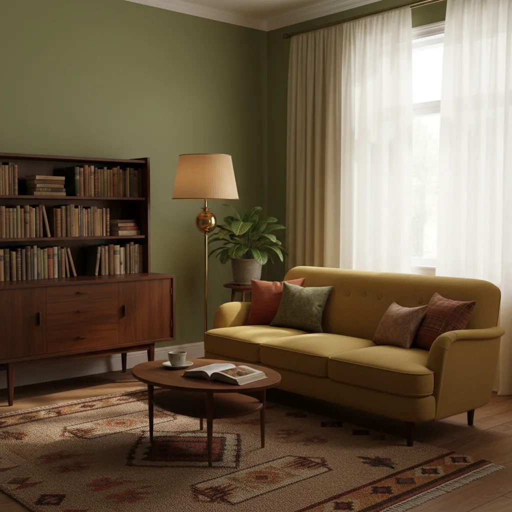 Interior vintage con paleta verde oliva y muebles de madera