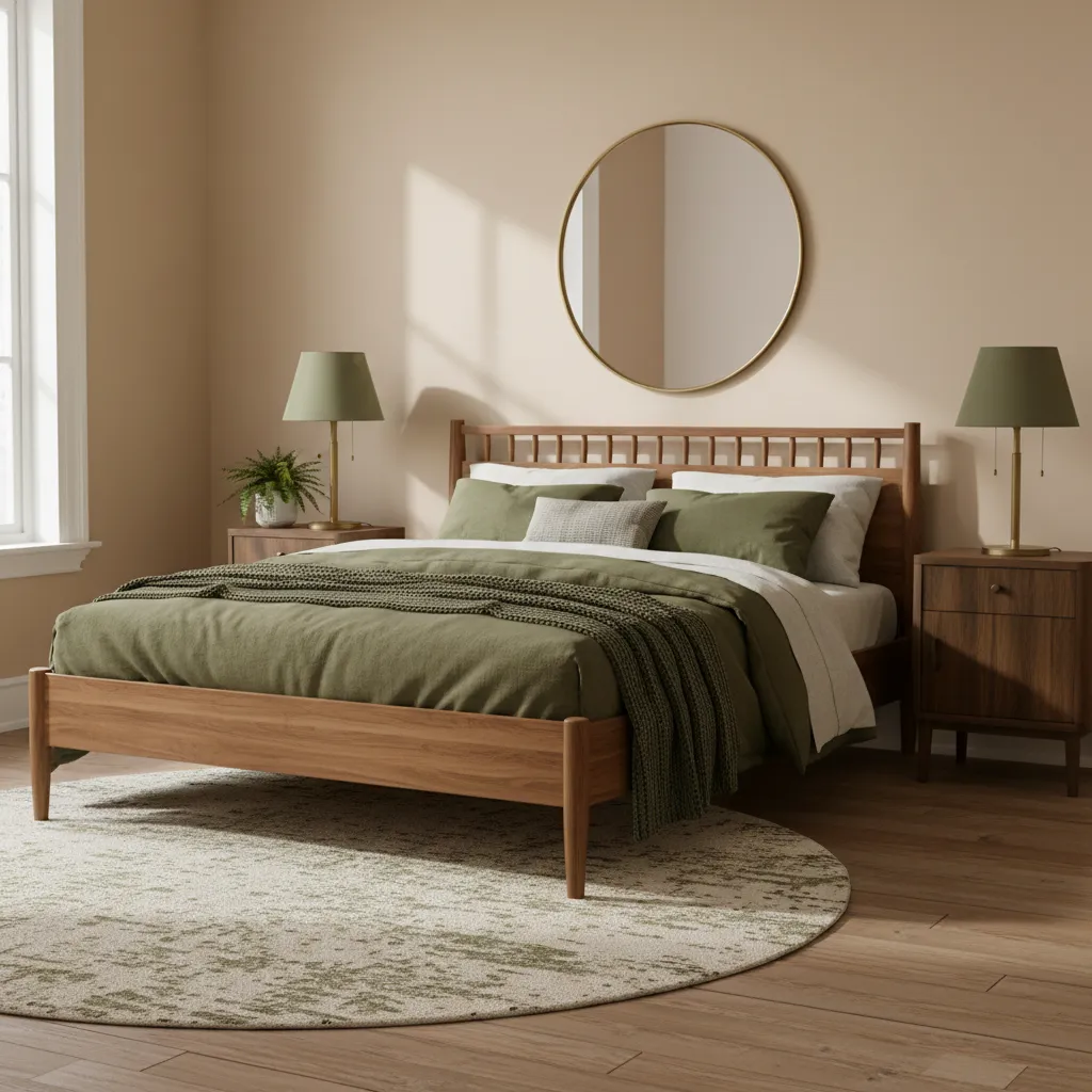 Bedroom with wooden bed, green bedding, two lamps, round mirror, and a large patterned rug