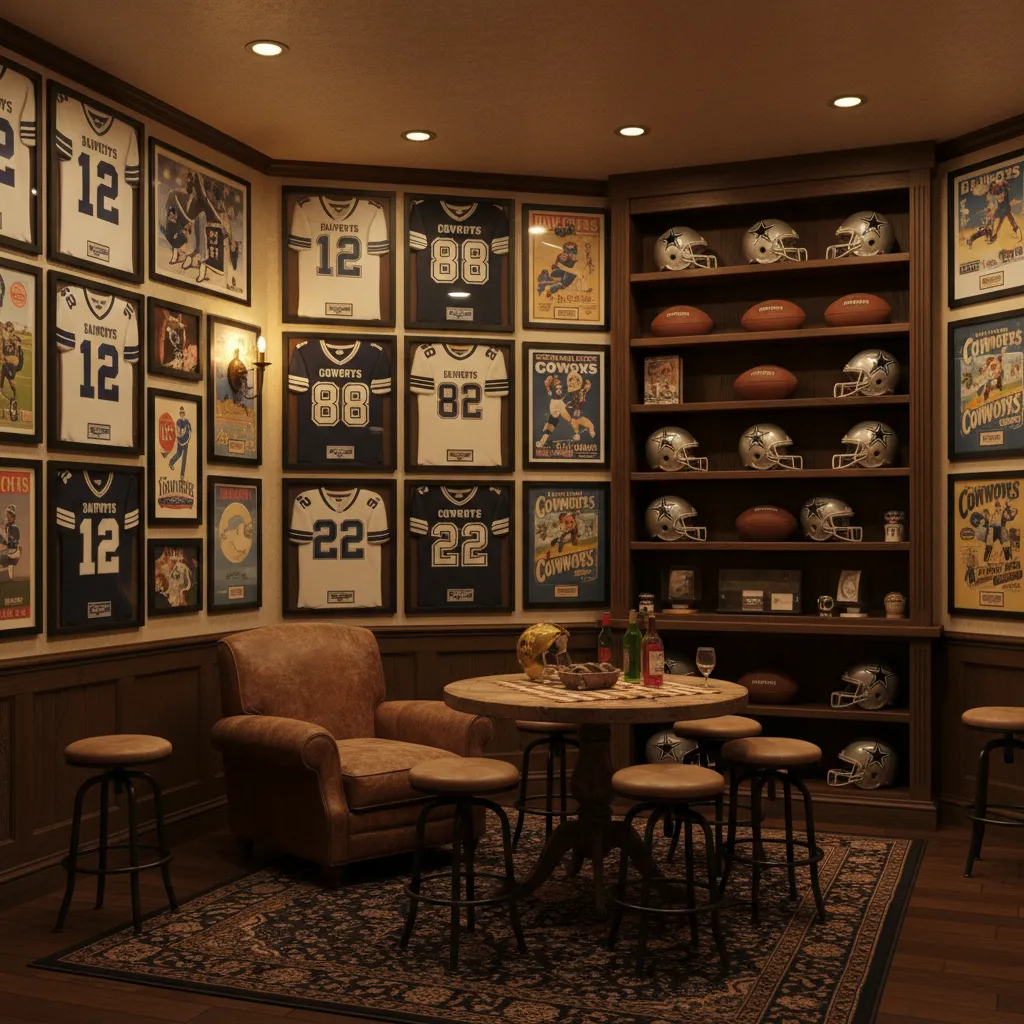 vintage Dallas Cowboys memorabilia room with framed jerseys and retro posters