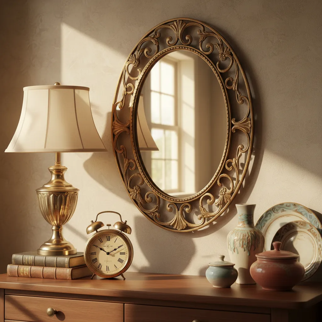 Elementos decorativos vintage como espejos y lámparas antiguas