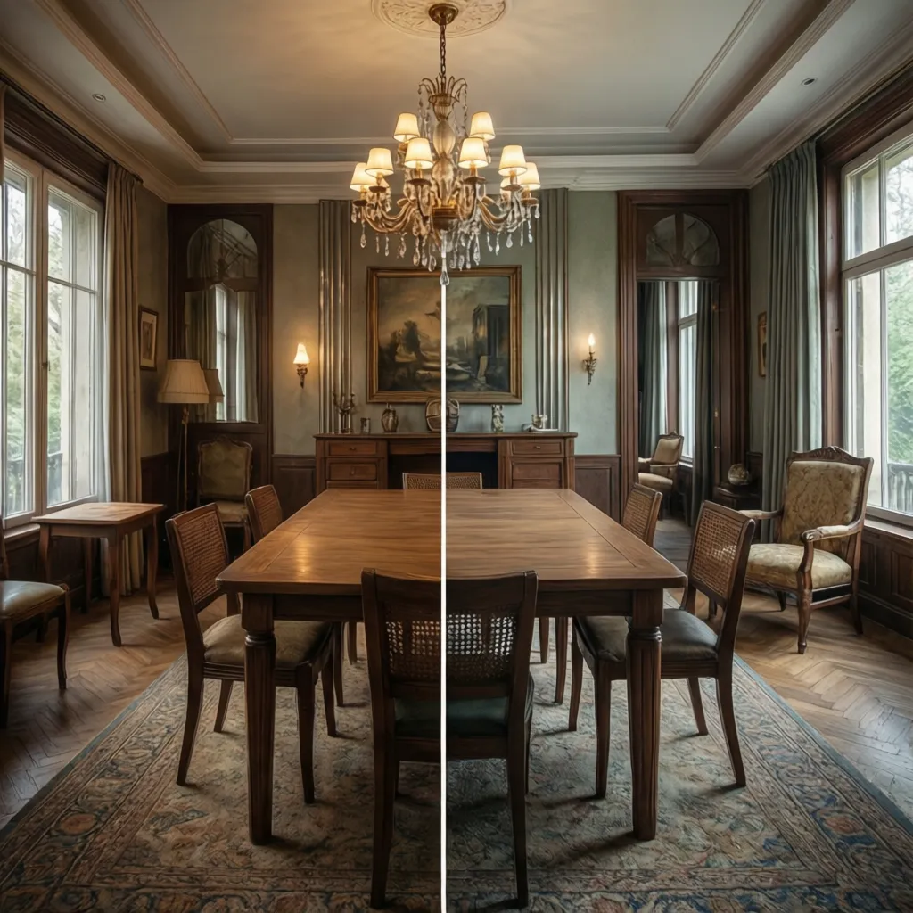 Comparison of small versus properly scaled dining table in vintage dining room