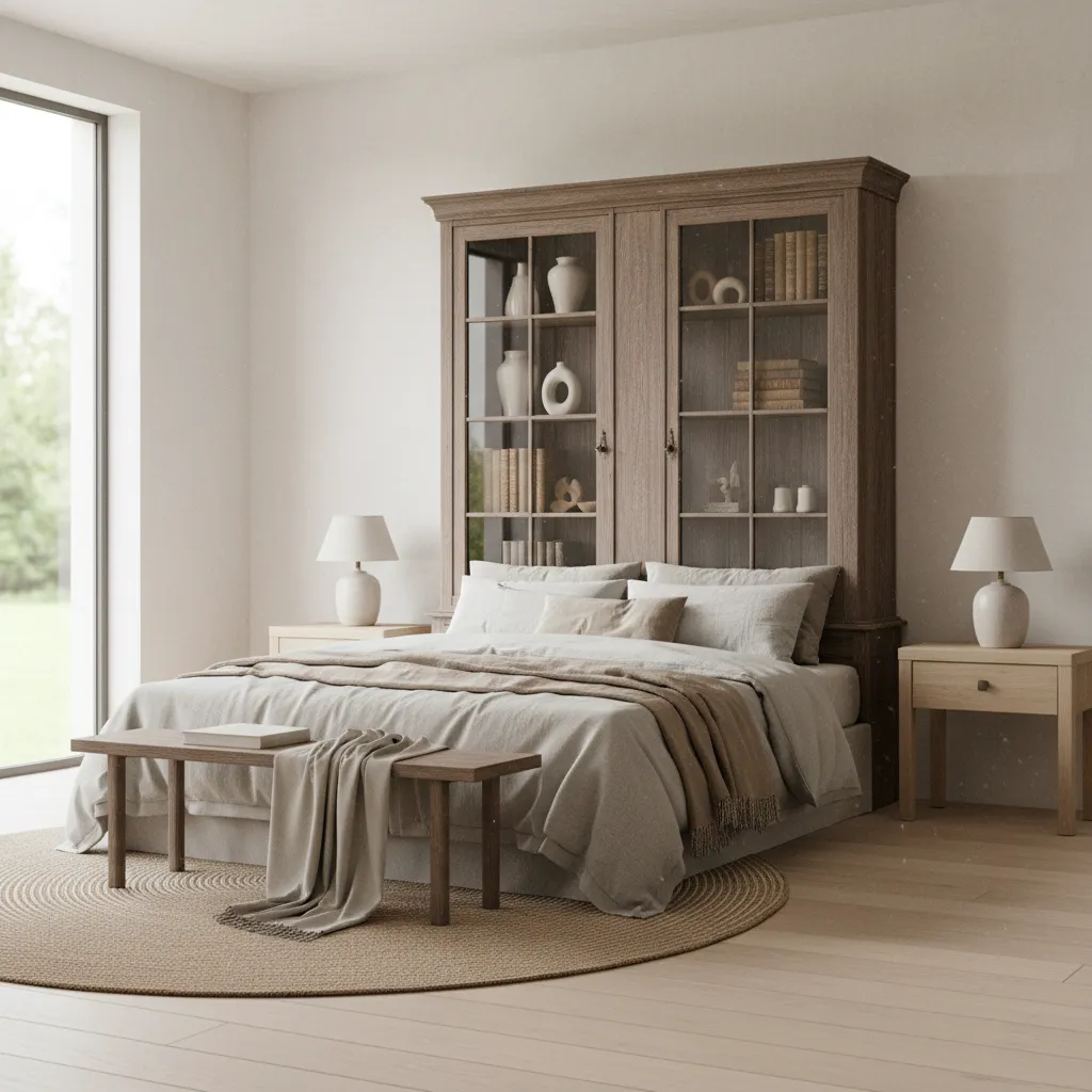 bedroom with vintage glass display cabinet styled with books and ceramics
