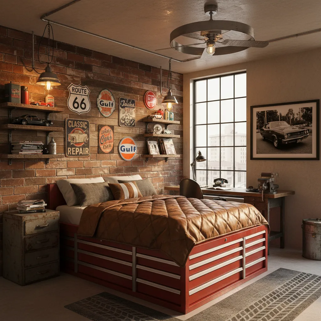 vintage garage style bedroom with retro car signs and industrial decor