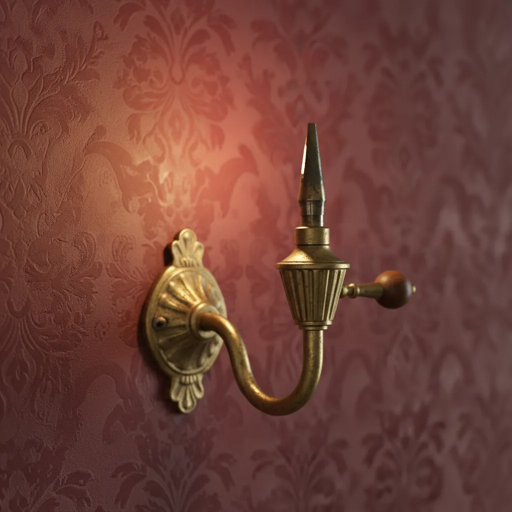 Close view of antique gas wall sconce fixture with valve and burner tip