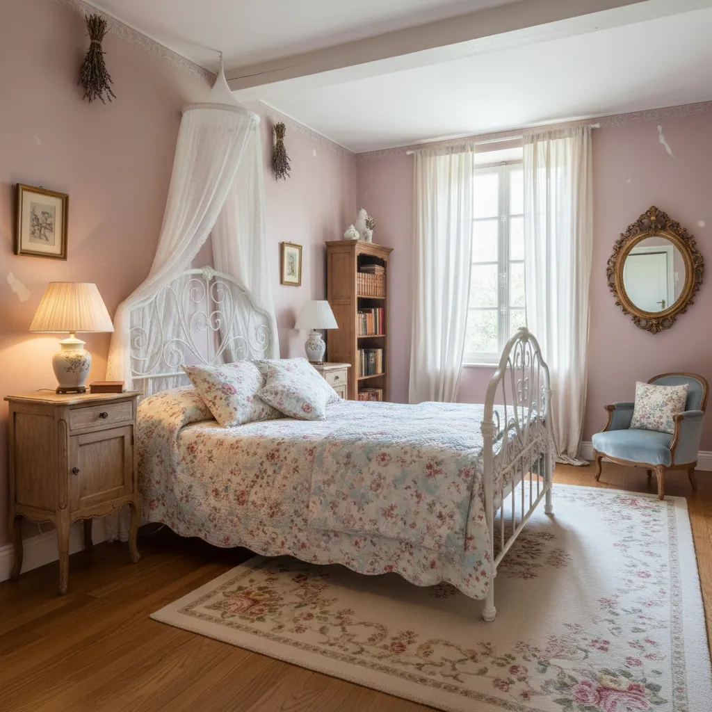 Pink bedroom with white bed floral quilt white netting blue chair cabinet and floral rug
