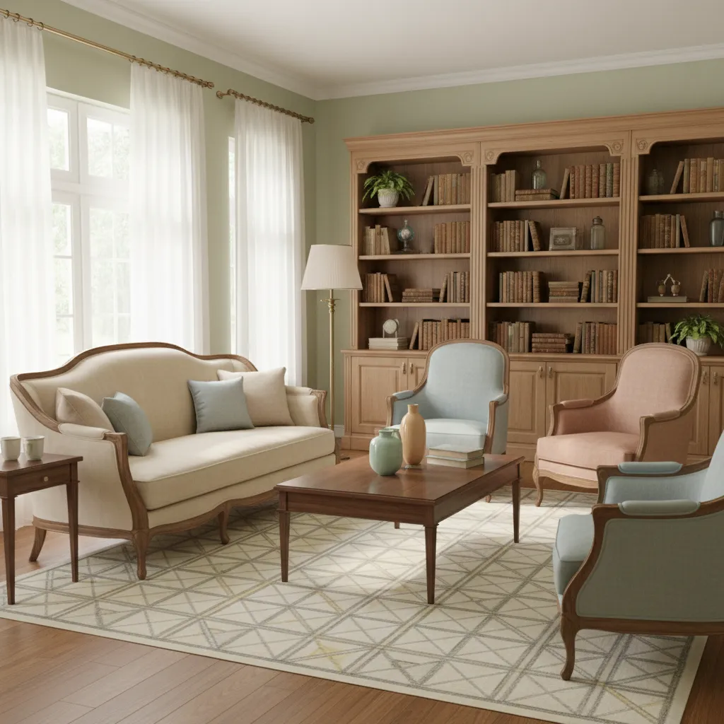 Traditional living room with large wooden bookshelf, cream sofa, colored armchairs, coffee table, and rug