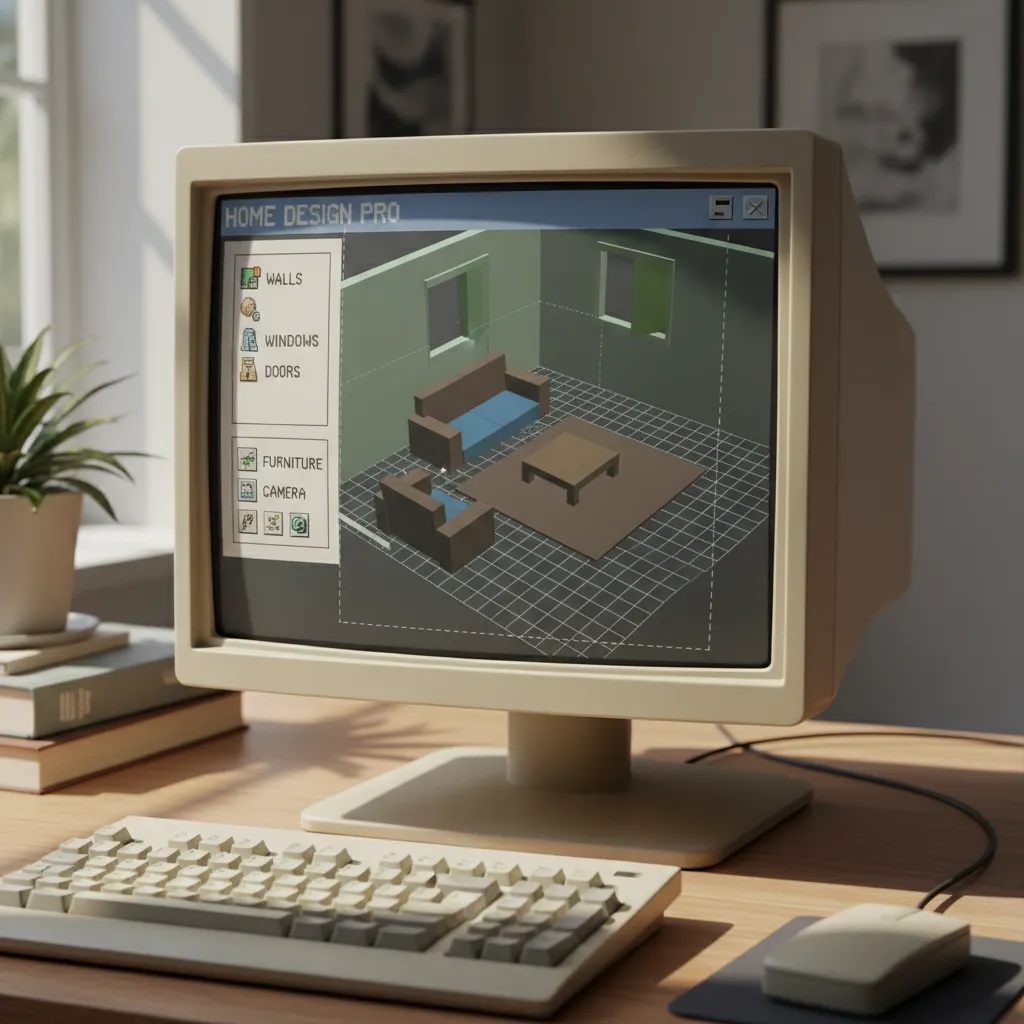 retro 1990s style home design software showing simple 3D room layout