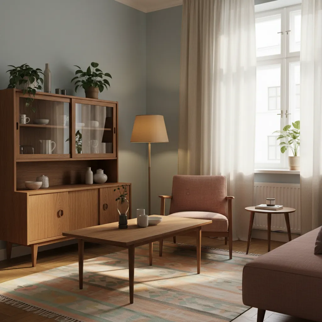 Vintage living room with wooden cabinet, pink armchair, coffee table, floor lamp, and white curtain