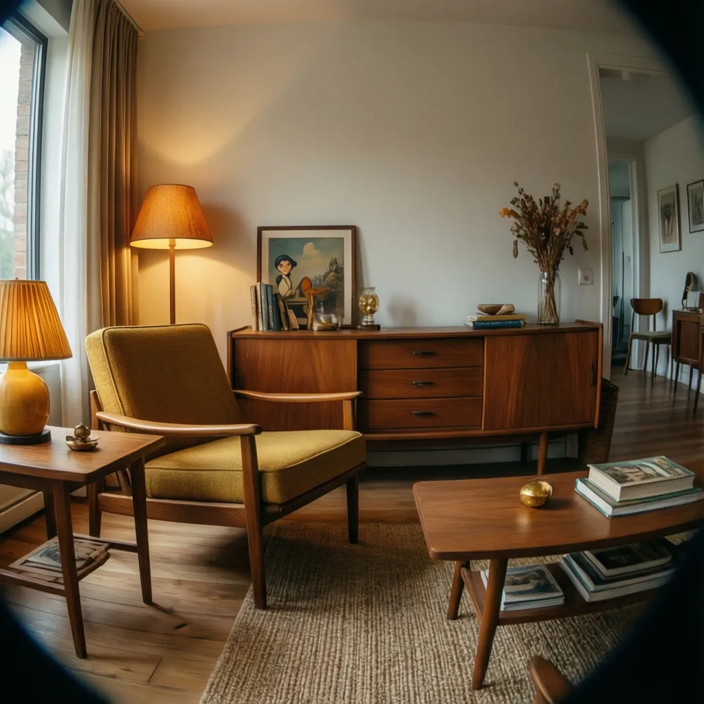 Vintage living room with a yellow armchair, wooden cabinet, coffee table, and two warm lamps