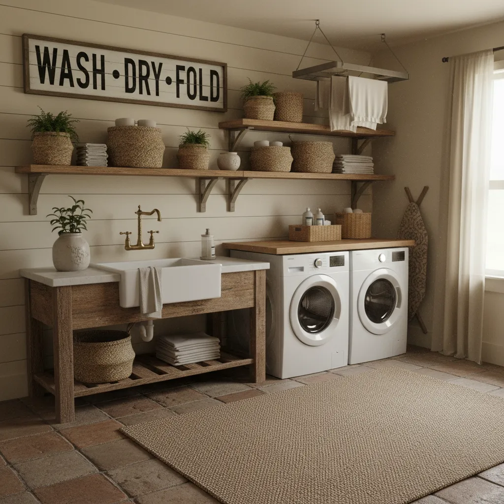 farmhouse laundry room with vintage wash dry fold wall sign