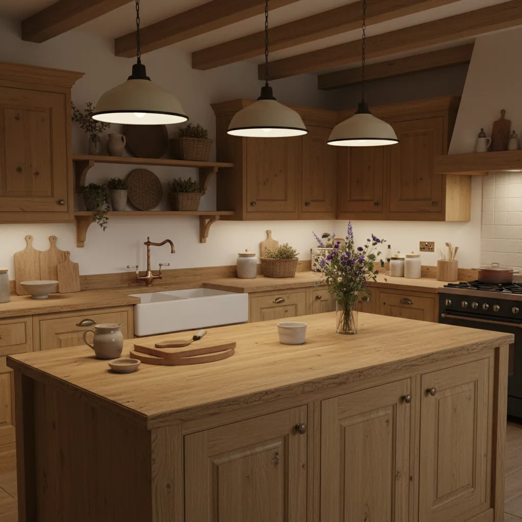 Country kitchen island with vintage enamel pendant lights