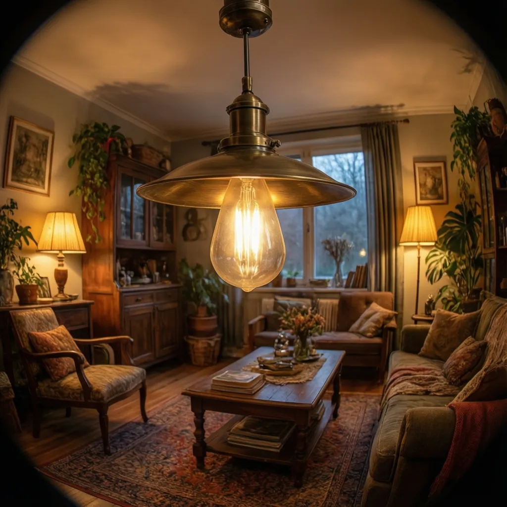 Vintage living room with large ceiling light, wooden cabinet, rug, sofa, and many green plants