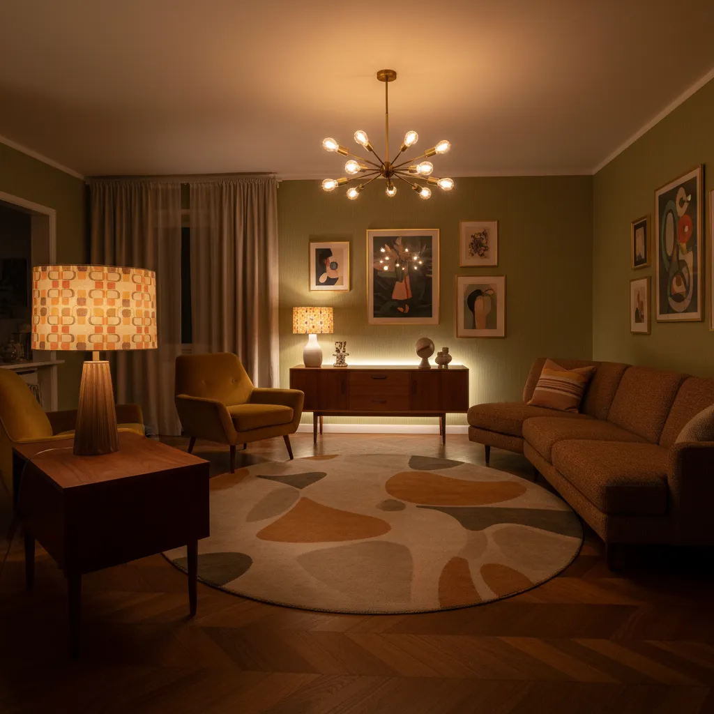 Iluminación cálida en salón con lámparas vintage y luz ambiental