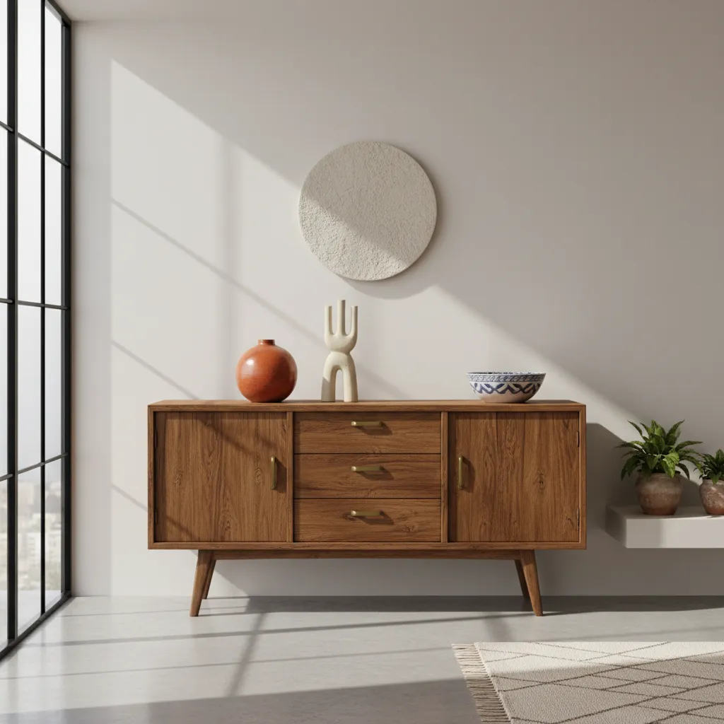 Wooden cabinet with drawers, round wall art, ceramic vases, green plants, and light from window