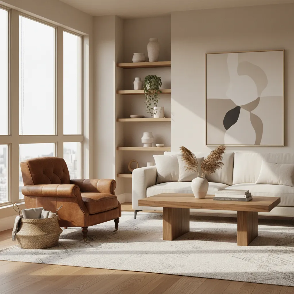 Interior con tonos neutros y acentos tierra combinando piezas modernas y vintage