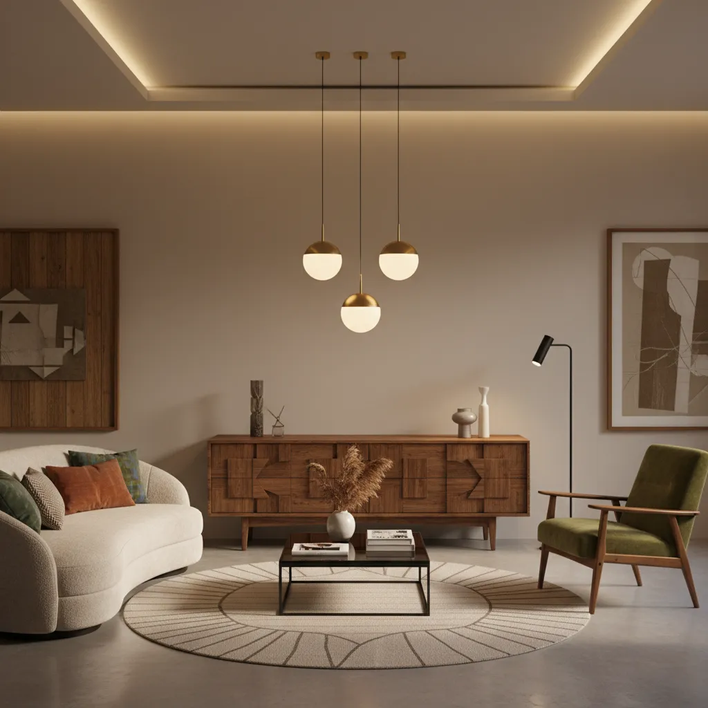 Modern room with three globe ceiling lights, white sofa, green armchair, cabinet, and round rug