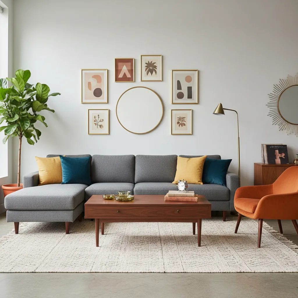 Sala que mezcla sofá moderno con mesa vintage