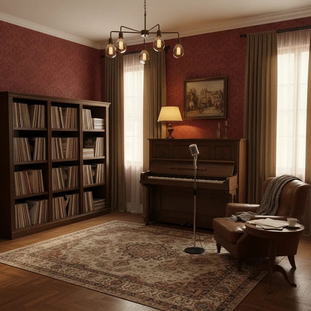 vintage music room with upright piano vinyl records and warm wood decor