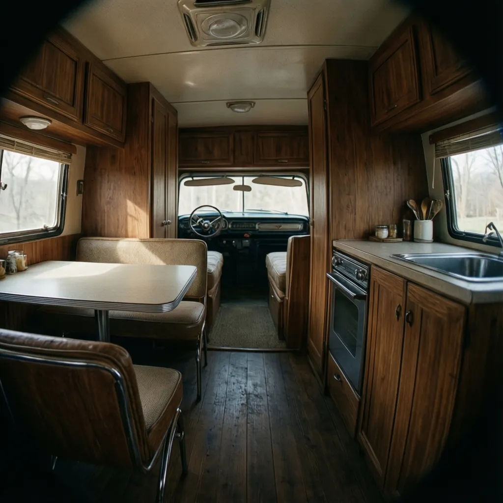 Interior overview of a restored 1960 Rambler travel trailer layout