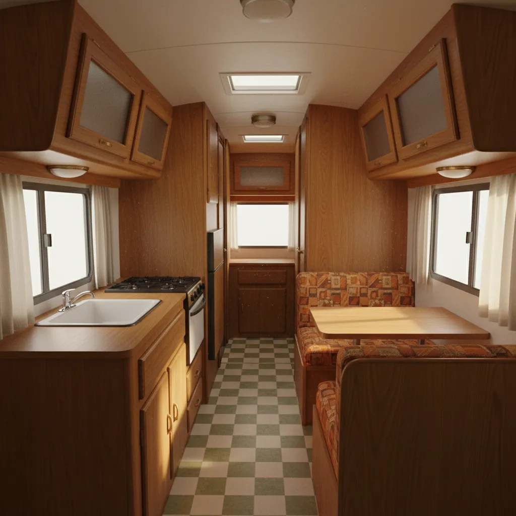 Interior view of a vintage Rambler travel trailer showing the original compact floor layout
