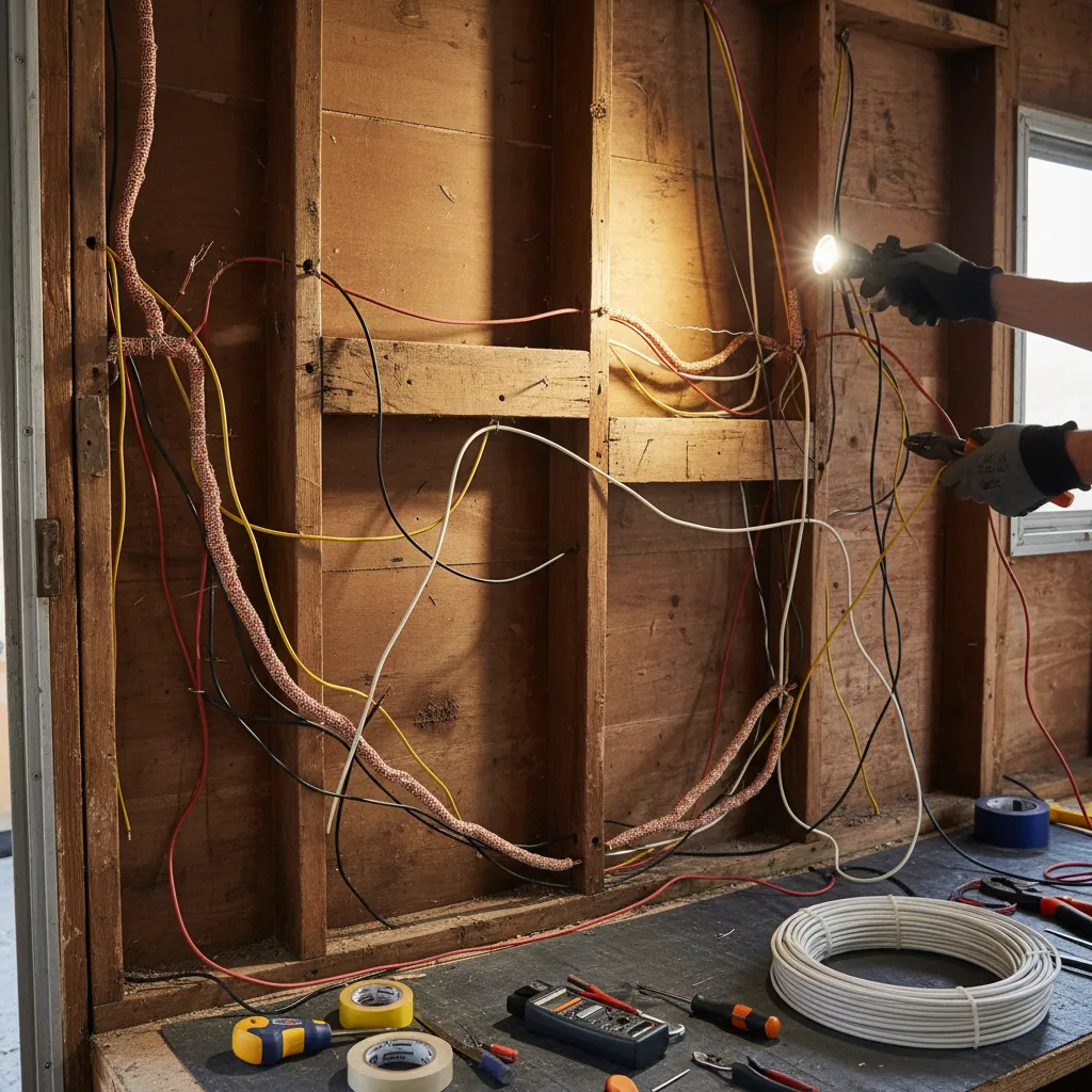 Exposed electrical wiring inside wall of vintage travel trailer during restoration