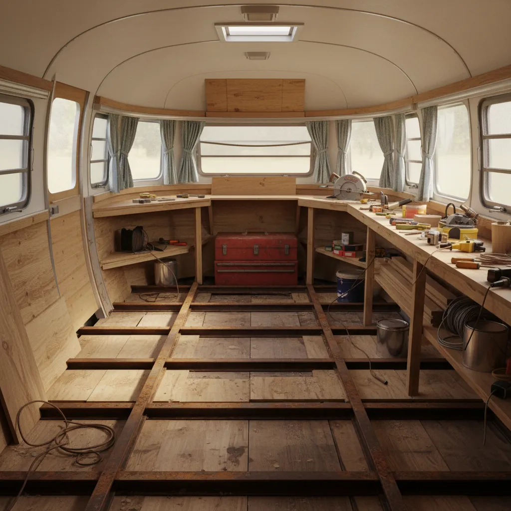 Exposed wooden subfloor and steel frame inside a vintage 1960 travel trailer