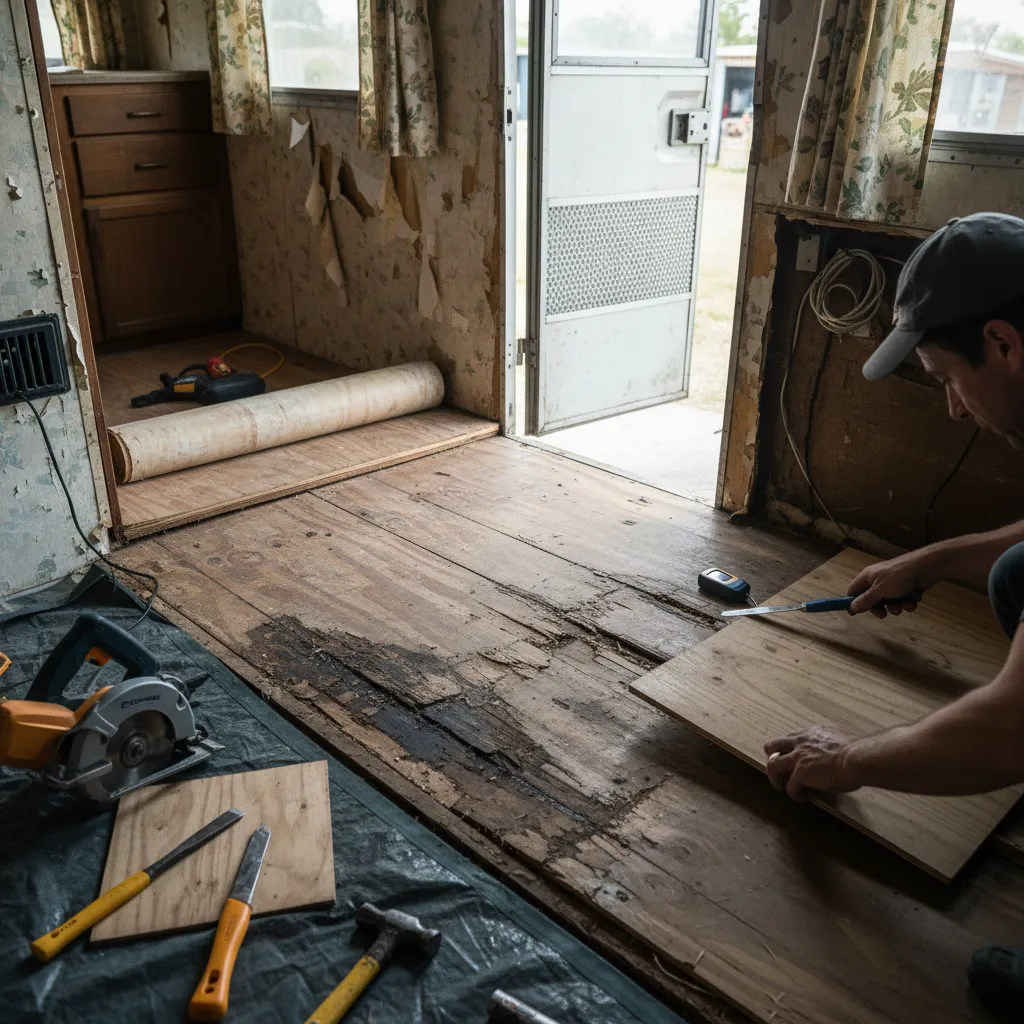 Inspection of damaged plywood floor in vintage RV showing structural rot near entry door