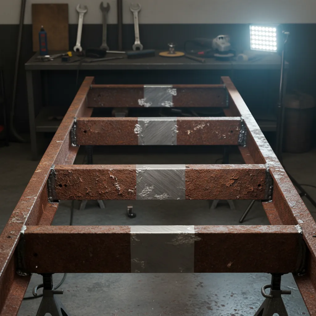 Inspection of rust and damage on a vintage travel trailer steel frame