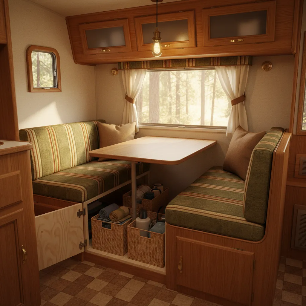 Hidden storage under bench seating in vintage RV interior