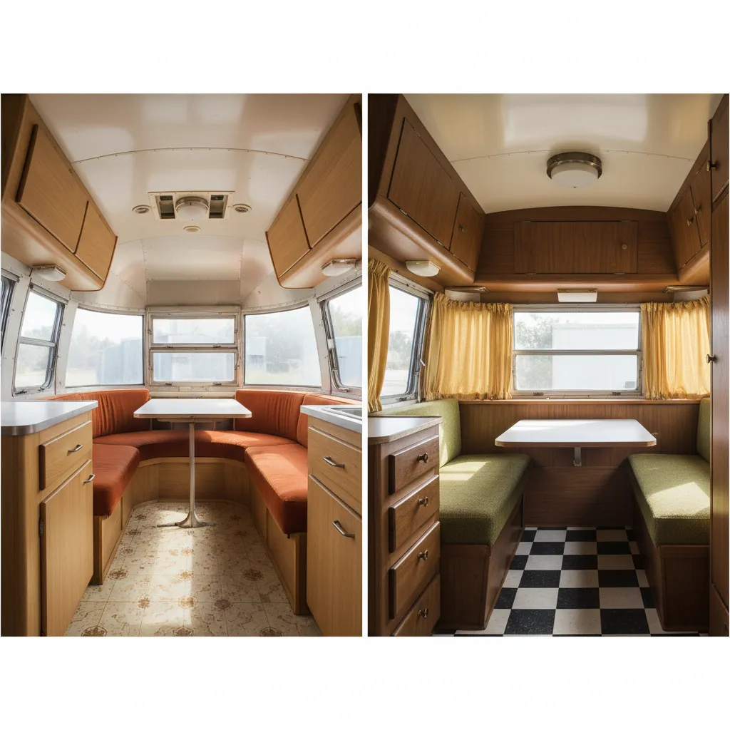 comparison between curved airstream interior and rectangular rambler trailer layout