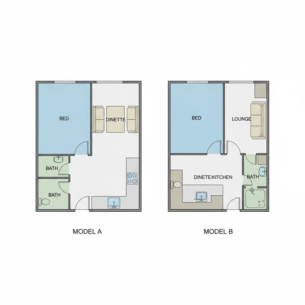 Simplified comparison diagram of vintage RV floor plan layouts