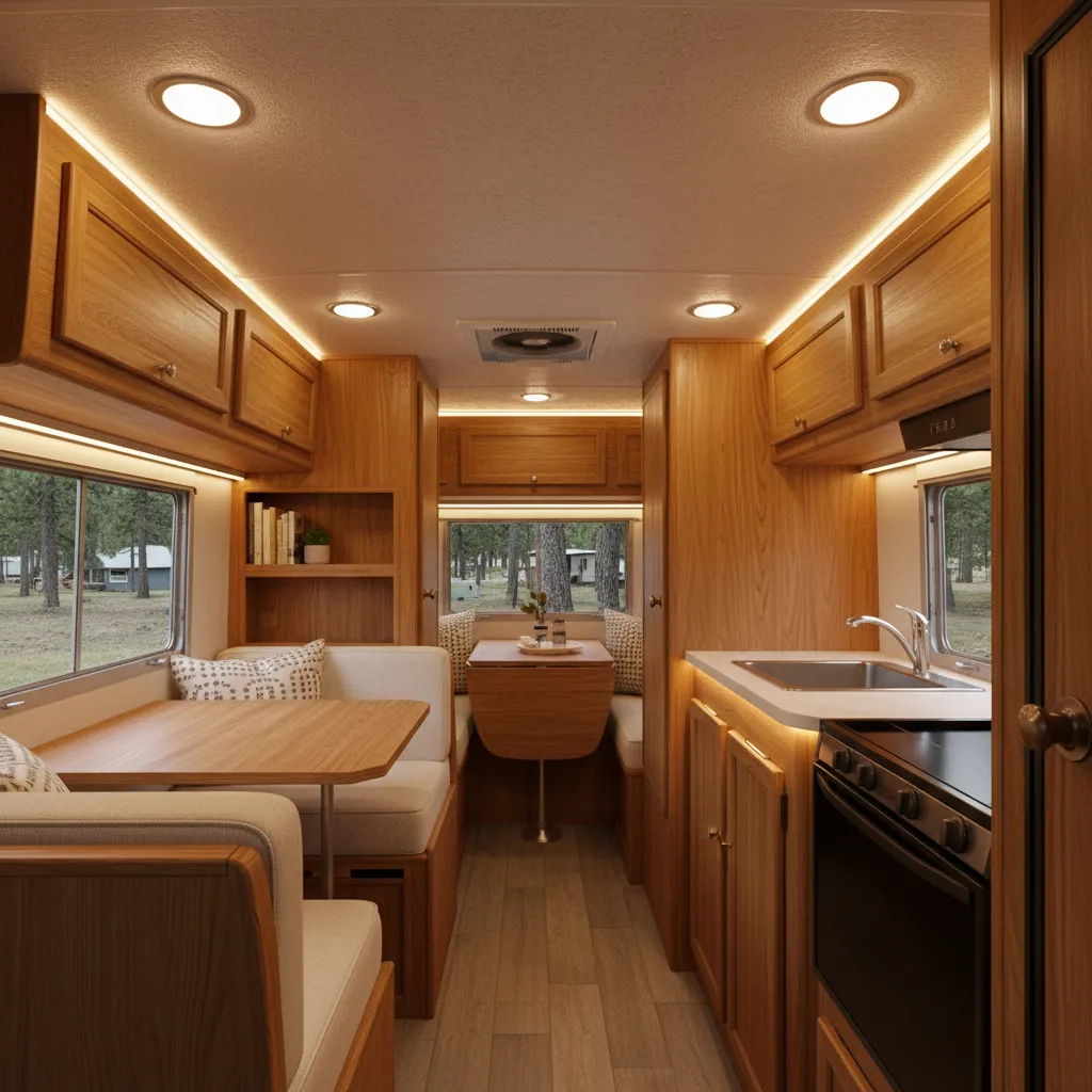 Vintage Rambler trailer interior with modern LED lighting upgrade