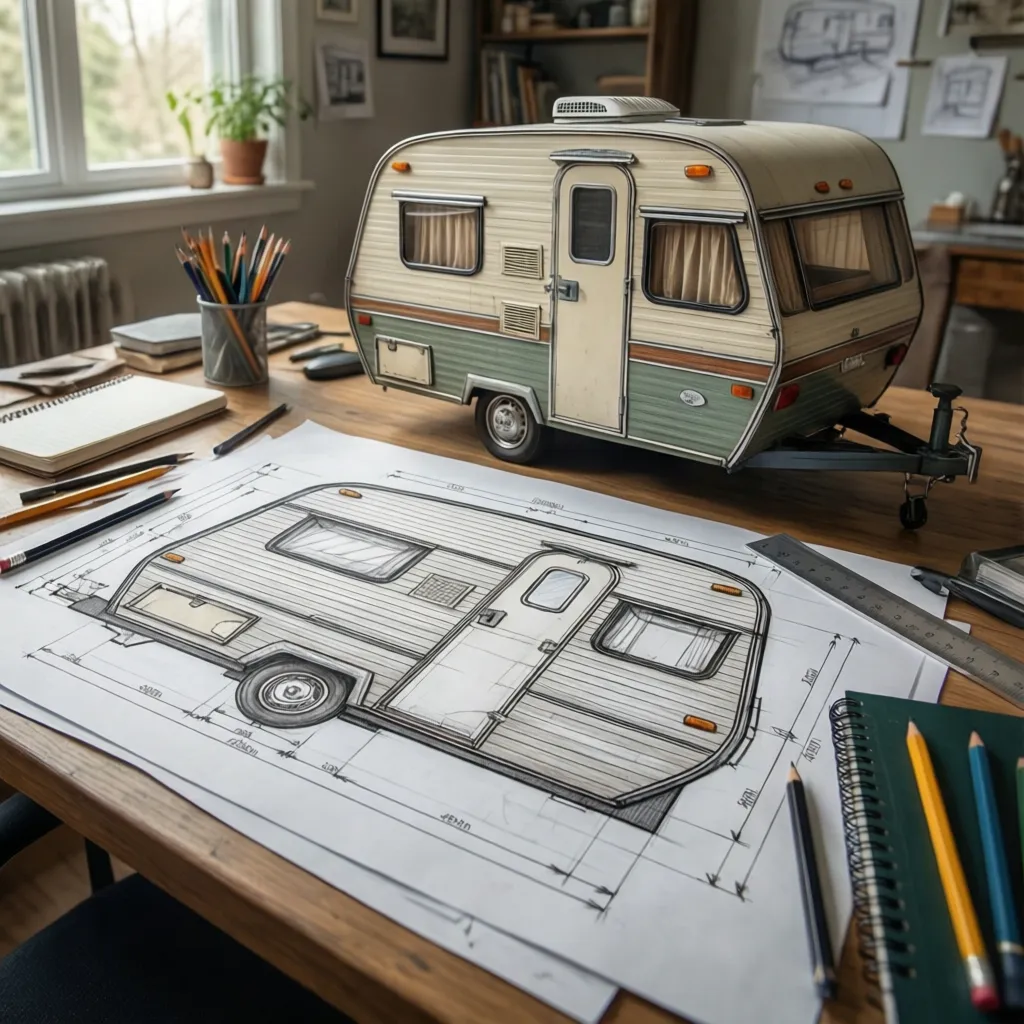 designer sketch of vintage rv renovation floor plan concept