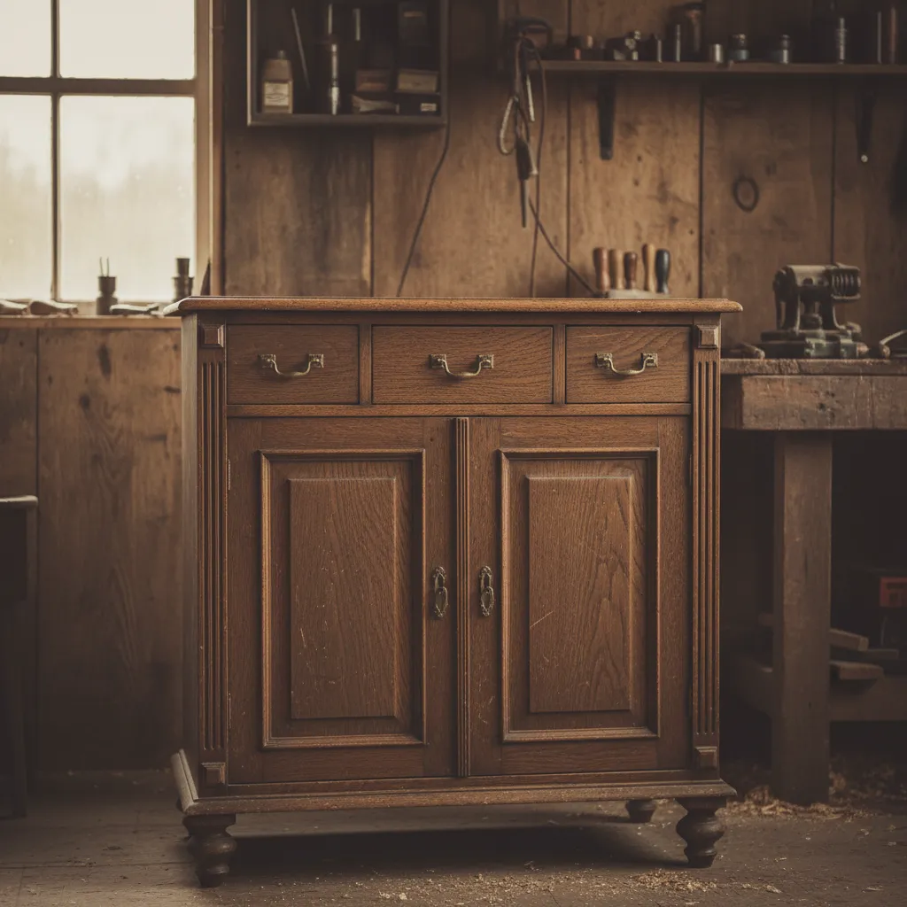 Old antique smoking cabinet before restoration showing worn wood finish
