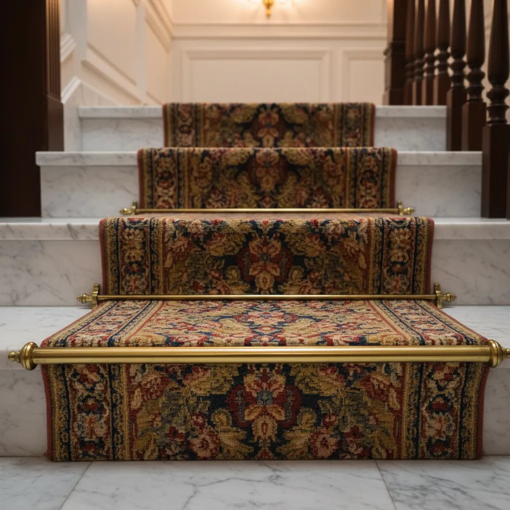 Detalle de alfombra vintage fijada con barra metálica en escalera de mármol