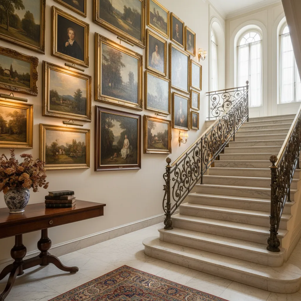 Escalera de mármol con pared decorada con cuadros vintage