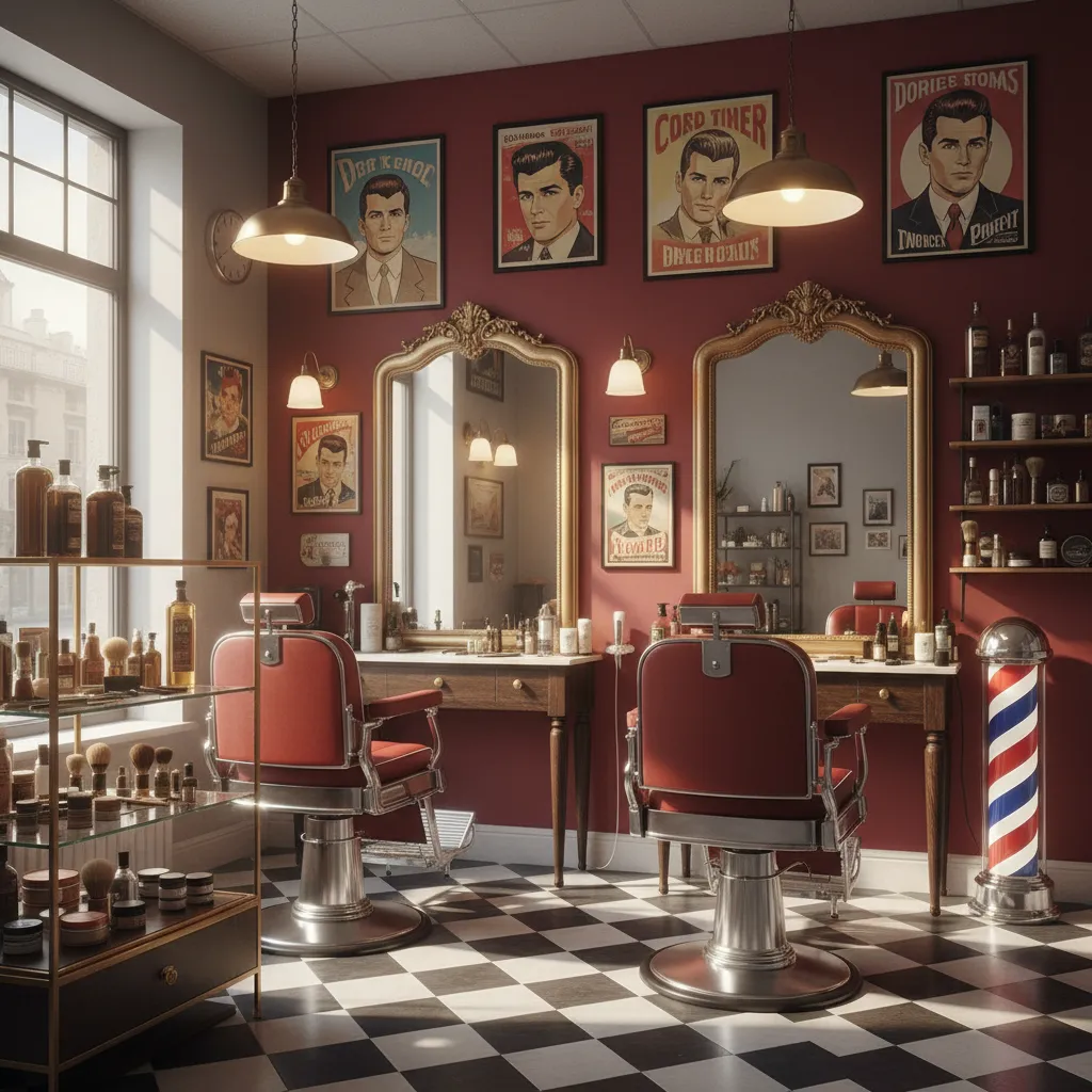 Barbería estilo vintage con detalles rojos y decoración retro