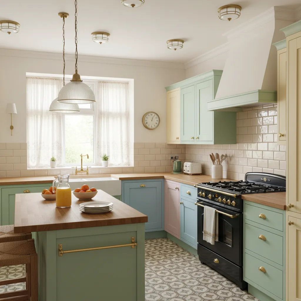 Pastel kitchen with mint cabinets wooden countertops kitchen island black stove and patterned floor tiles