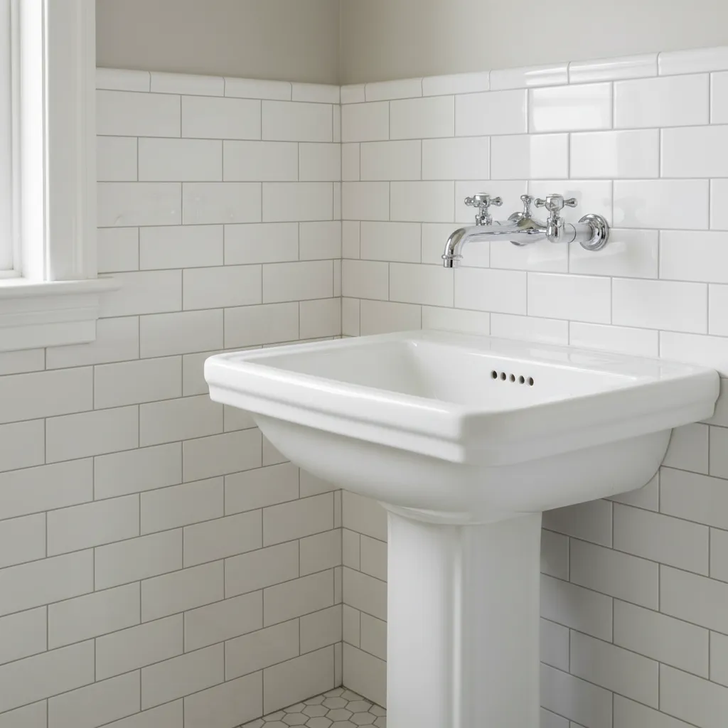 Close view of vintage style subway tile bathroom wall with chrome fixtures