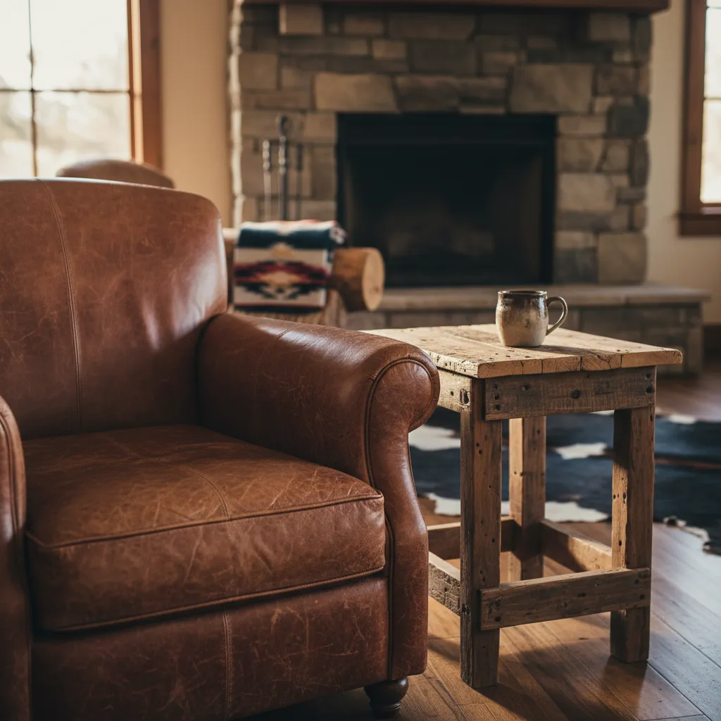 Close up of vintage saddle leather chair and reclaimed wood table