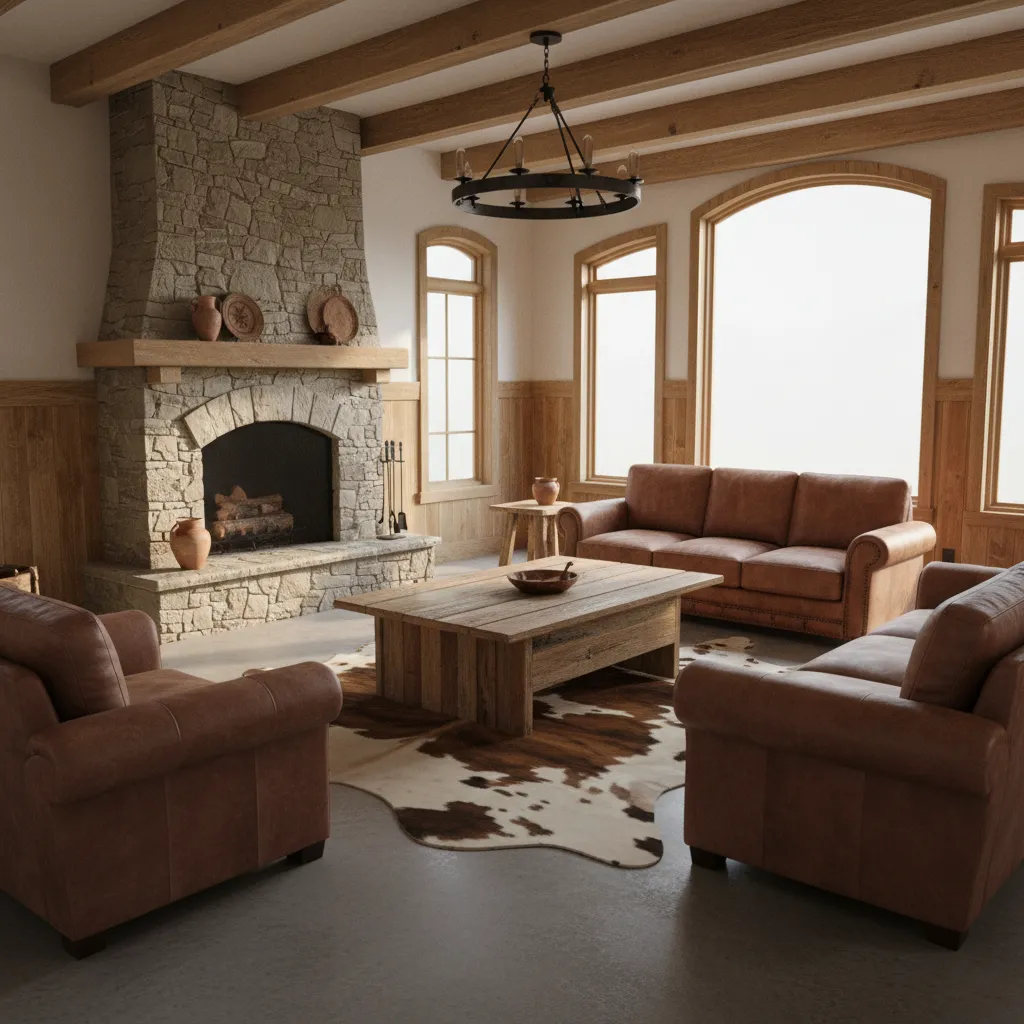 rustic western living room with authentic leather and wood vintage decor